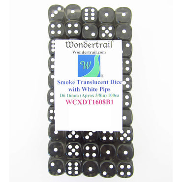 WCXDT1608B1 Smoke Translucent Dice White Pips D6 16mm Pack of 100 (ONLINE ORDER ONLY)