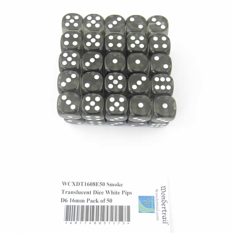 WCXDT1608E50 Smoke Translucent Dice White Pips D6 16mm Pack of 50 (ONLINE ORDER ONLY)