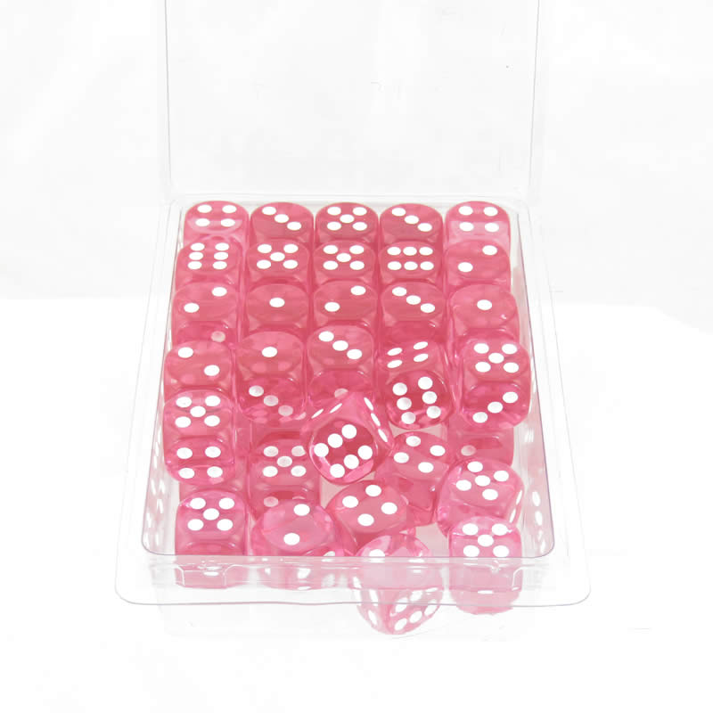 WCXDT1614E50 Pink Translucent Dice with White Pips D6 16mm (5/8in) Pack of 50 (ONLINE ORDER ONLY)