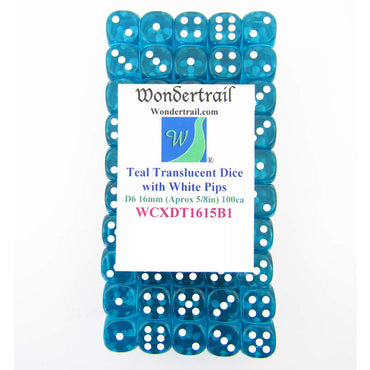 WCXDT1615B1 Teal Translucent Dice White Pips D6 16mm Pack of 100 (ONLINE ORDER ONLY)