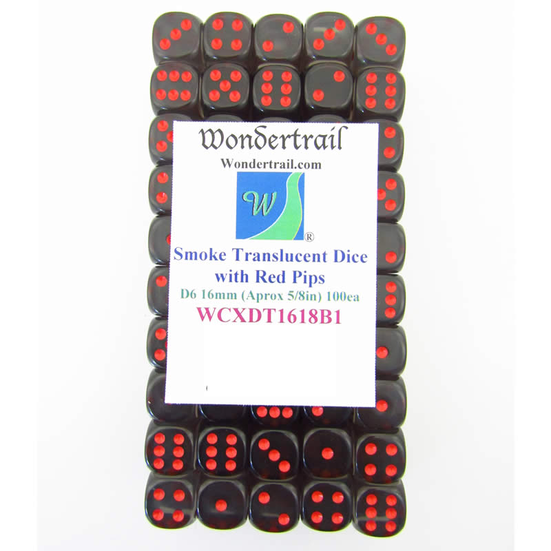 WCXDT1618B1 Smoke Translucent Dice Red Pips D6 16mm Pack of 100 (ONLINE ORDER ONLY)