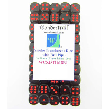 WCXDT1618B1 Smoke Translucent Dice Red Pips D6 16mm Pack of 100 (ONLINE ORDER ONLY)