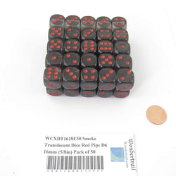 WCXDT1618E50 Smoke Translucent Dice Red Pips D6 16mm (5/8in) Pack of 50 (ONLINE ORDER ONLY)