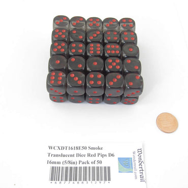 WCXDT1618E50 Smoke Translucent Dice Red Pips D6 16mm (5/8in) Pack of 50 (ONLINE ORDER ONLY)