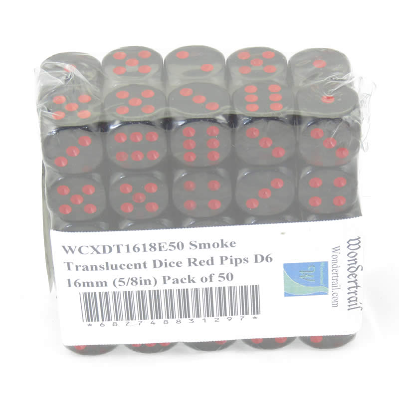 WCXDT1618E50 Smoke Translucent Dice Red Pips D6 16mm (5/8in) Pack of 50 (ONLINE ORDER ONLY)
