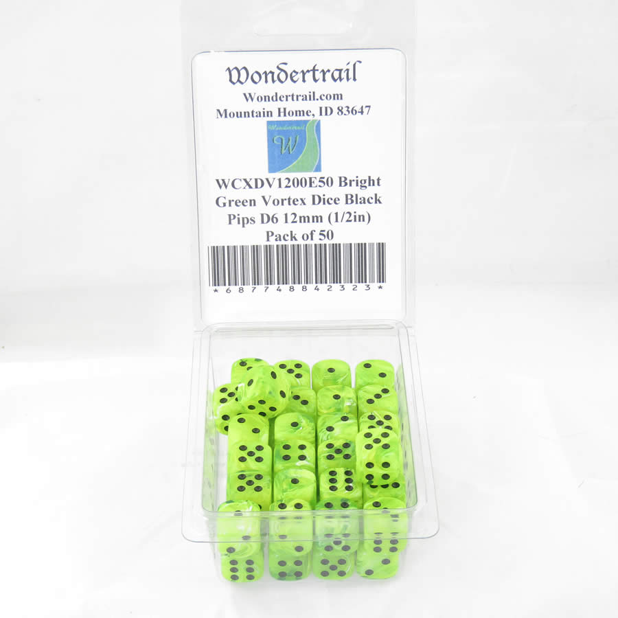 WCXDV1200E50 Bright Green Vortex Dice Black Pips D6 12mm (1/2in) Pack of 50 (ONLINE ORDER ONLY)