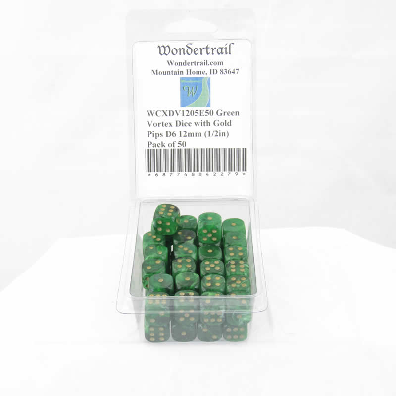 WCXDV1205E50 Green Vortex Dice with Gold Pips D6 12mm (1/2in) Pack of 50 (ONLINE ORDER ONLY)