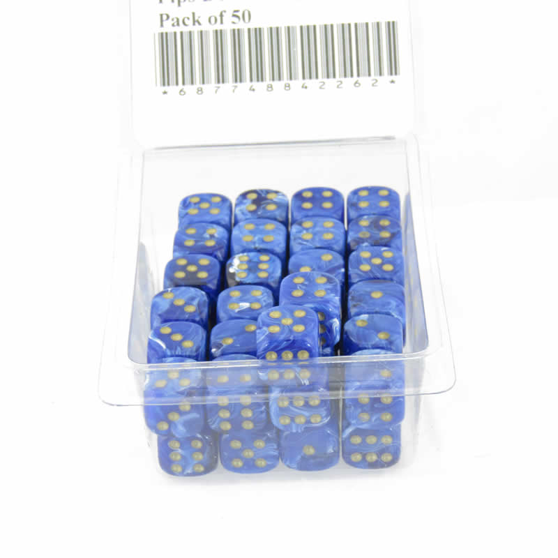 WCXDV1206E50 Blue Vortex Dice with Gold Pips D6 12mm (1/2in) Pack of 50 (ONLINE ORDER ONLY)