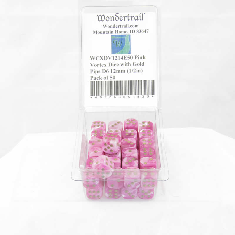 WCXDV1214E50 Pink Vortex Dice with Gold Pips D6 12mm (1/2in) Pack of 50 (ONLINE ORDER ONLY)