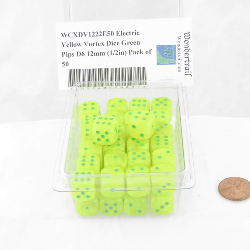 WCXDV1222E50 Electric Yellow Vortex Dice Green Pips D6 12mm (1/2in) Pack of 50 (ONLINE ORDER ONLY)