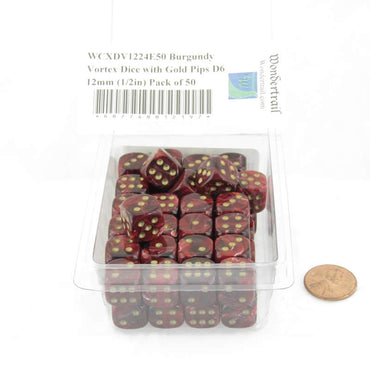 WCXDV1224E50 Burgundy Vortex Dice with Gold Pips D6 12mm (1/2in) Pack of 50 (ONLINE ORDER ONLY)