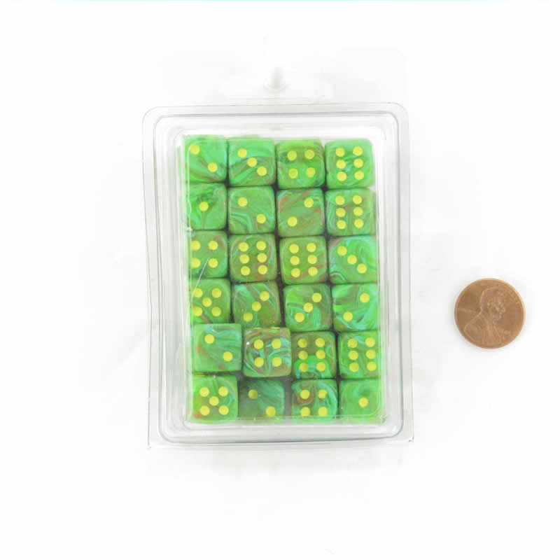 WCXDV1235E50 Slime Vortex Dice with Yellow Pips D6 12mm (1/2in) Pack of 50 (ONLINE ORDER ONLY)