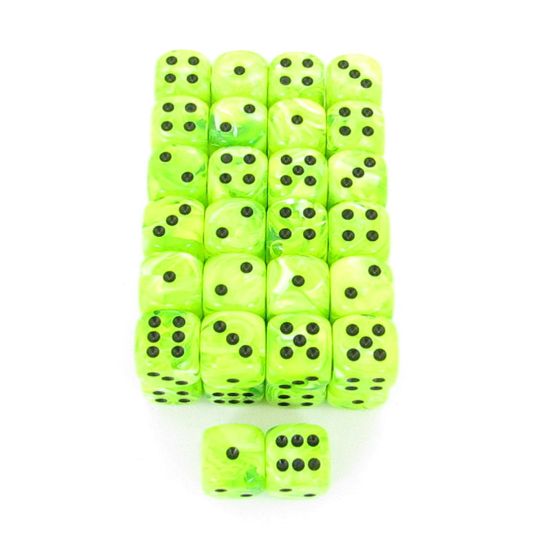 WCXDV1600E50 Bright Green Vortex Dice Black Pips D6 16mm Bulk Pack of 50 (ONLINE ORDER ONLY)
