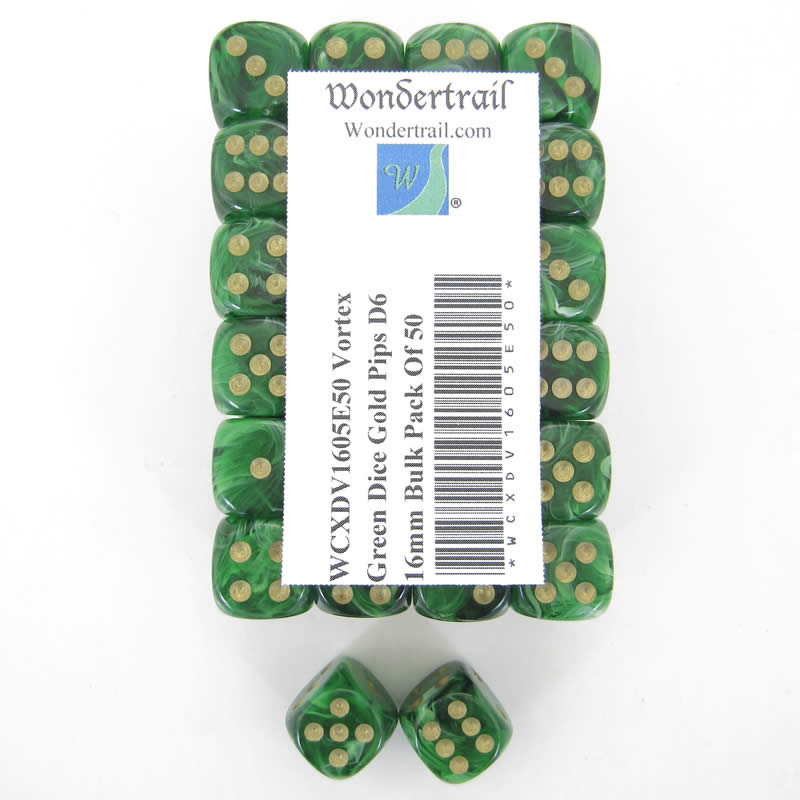 WCXDV1605E50 Green Vortex Dice Gold Pips D6 16mm Bulk Pack Of 50 (ONLINE ORDER ONLY)