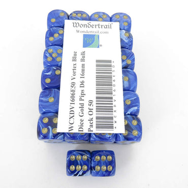 WCXDV1606E50 Blue Vortex Dice Gold Pips D6 16mm Bulk Pack Of 50 (ONLINE ORDER ONLY)