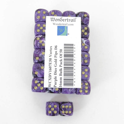 WCXDV1607E50 Purple Vortex Dice Gold Pips D6 16mm Bulk Pack Of 50 (ONLINE ORDER ONLY)