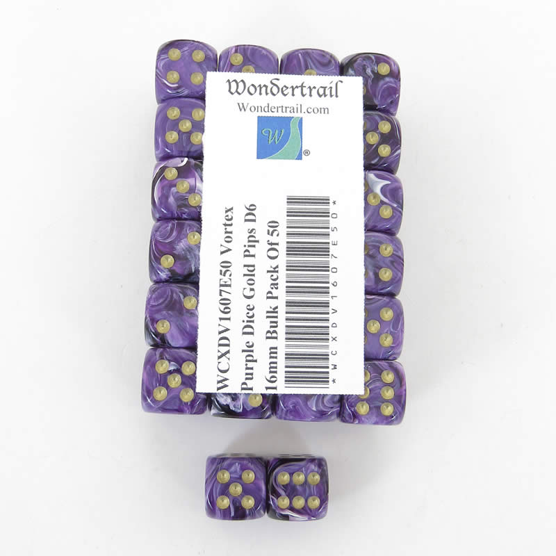 WCXDV1607E50 Purple Vortex Dice Gold Pips D6 16mm Bulk Pack Of 50 (ONLINE ORDER ONLY)