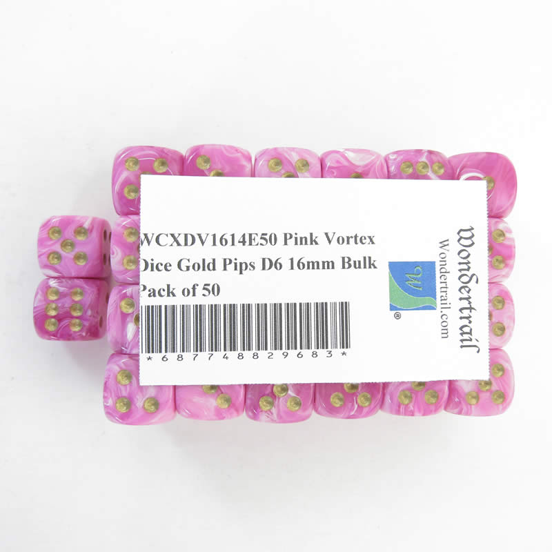 WCXDV1614E50 Pink Vortex Dice Gold Pips D6 16mm Bulk Pack of 50 (ONLINE ORDER ONLY)