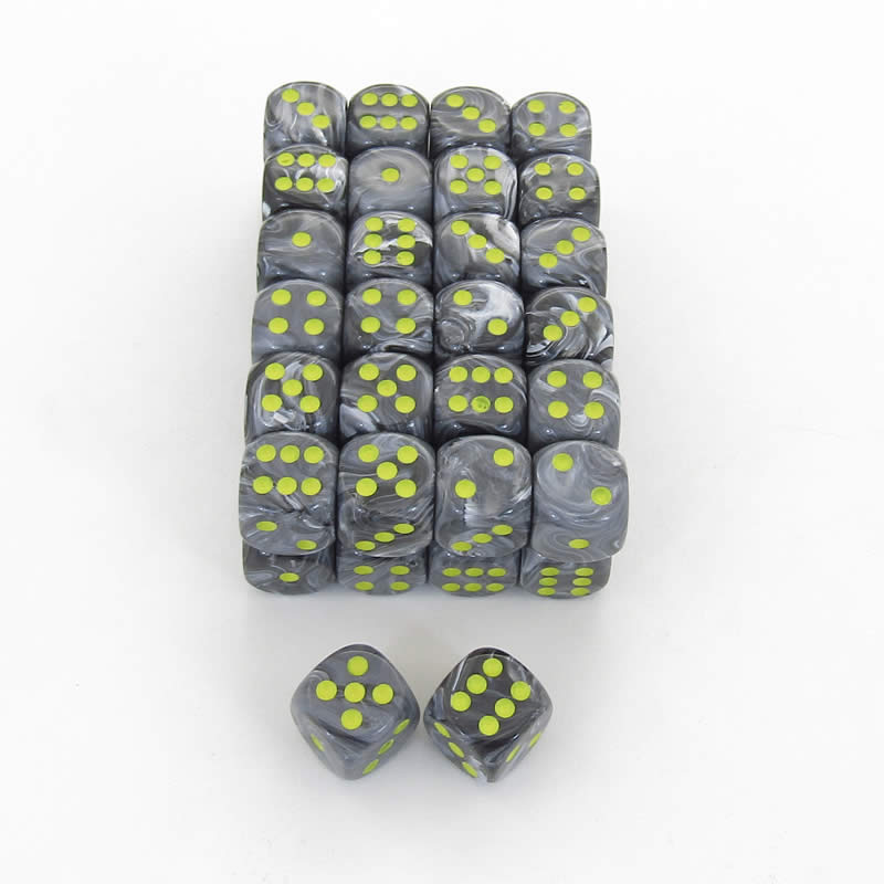 WCXDV1628E50 Black Vortex Dice Yellow Pips D6 16mm Bulk Pack Of 50 (ONLINE ORDER ONLY)