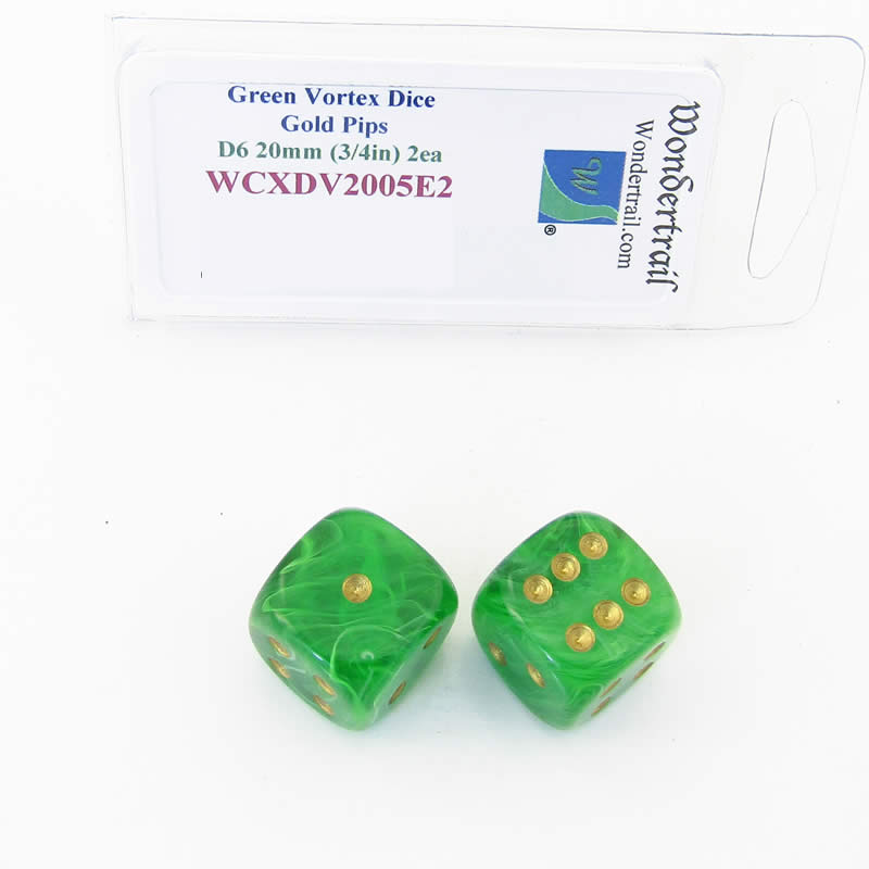 WCXDV2005E2 Green Vortex Dice with Gold Pips 20mm (3/4in) D6 Pack of 2 (ONLINE ORDER ONLY)