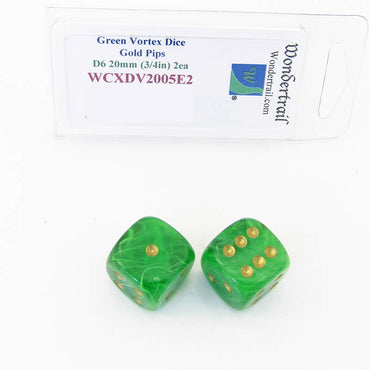 WCXDV2005E2 Green Vortex Dice with Gold Pips 20mm (3/4in) D6 Pack of 2 (ONLINE ORDER ONLY)