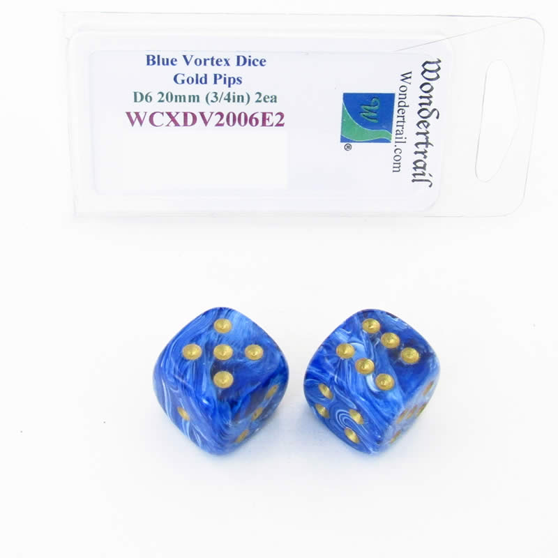 WCXDV2006E2 Blue Vortex Dice with Gold Pips 20mm (3/4in) D6 Pack of 2 (ONLINE ORDER ONLY)