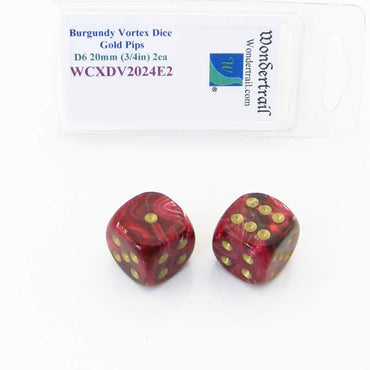 WCXDV2024E2 Burgundy Vortex Dice Gold Pips 20mm (3/4in) D6 Pack of 2 (ONLINE ORDER ONLY)