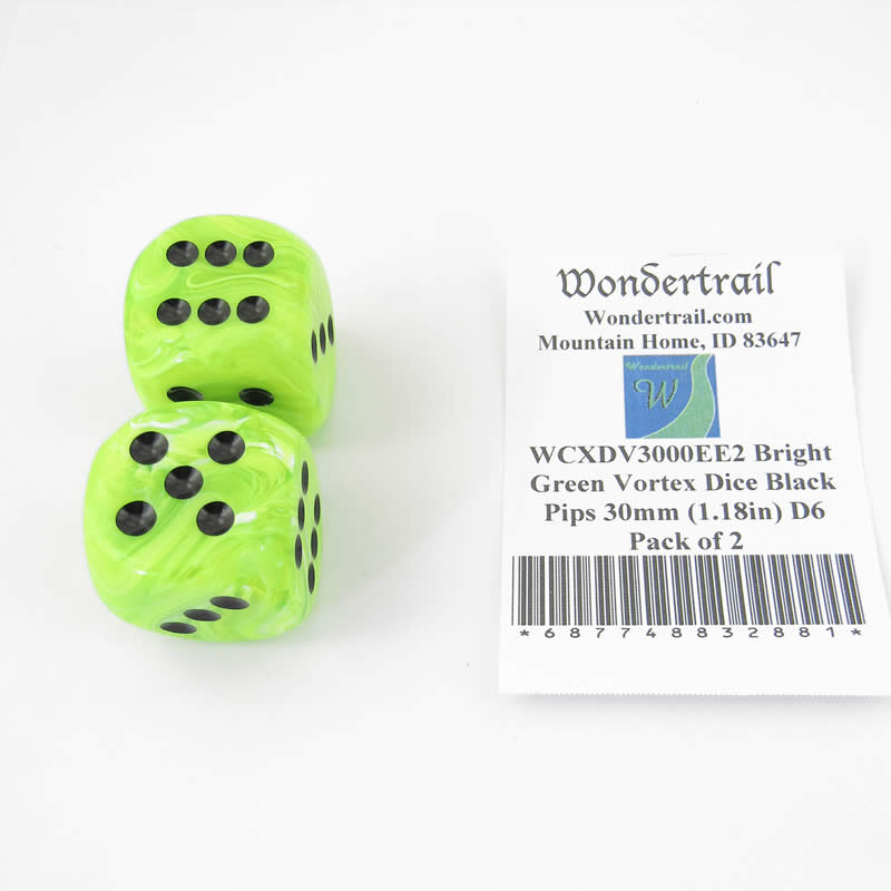 WCXDV3000EE2 Bright Green Vortex Dice Black Pips 30mm (1.18in) D6 Pack of 2 (ONLINE ORDER ONLY)