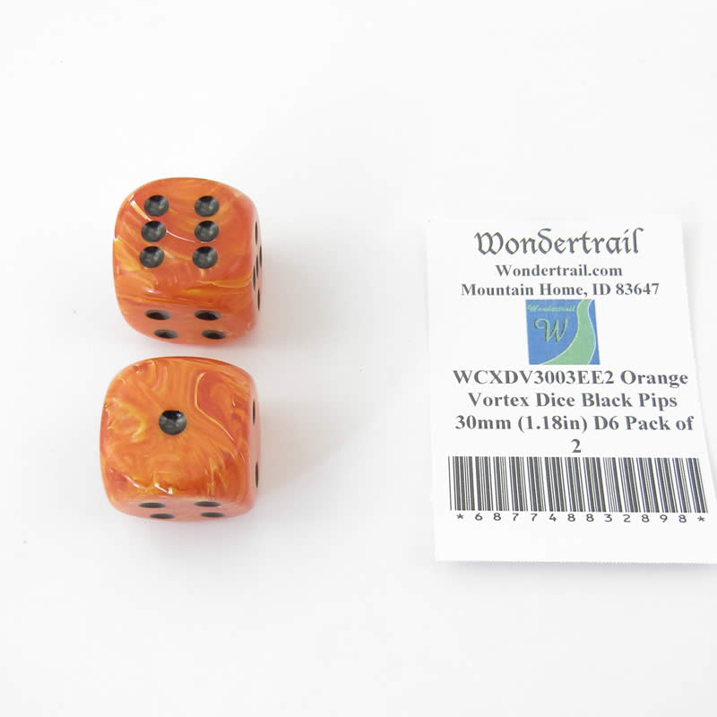 WCXDV3003EE2 Orange Vortex Dice Black Pips 30mm (1.18in) D6 Pack of 2 (ONLINE ORDER ONLY)