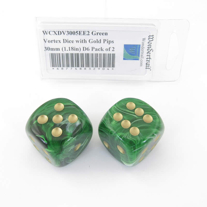 WCXDV3005EE2 Green Vortex Dice with Gold Pips 30mm (1.18in) D6 Pack of 2 (ONLINE ORDER ONLY)