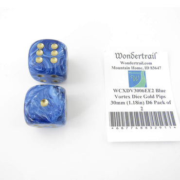 WCXDV3006EE2 Blue Vortex Dice Gold Pips 30mm (1.18in) D6 Pack of 2 (ONLINE ORDER ONLY)