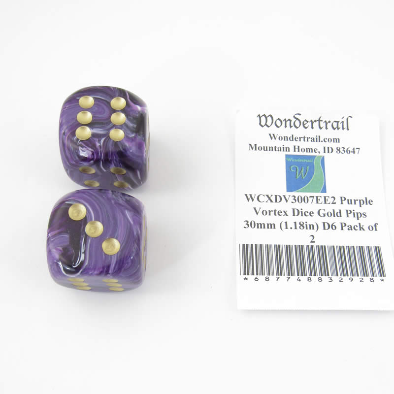 WCXDV3007EE2 Purple Vortex Dice Gold Pips 30mm (1.18in) D6 Pack of 2 (ONLINE ORDER ONLY)