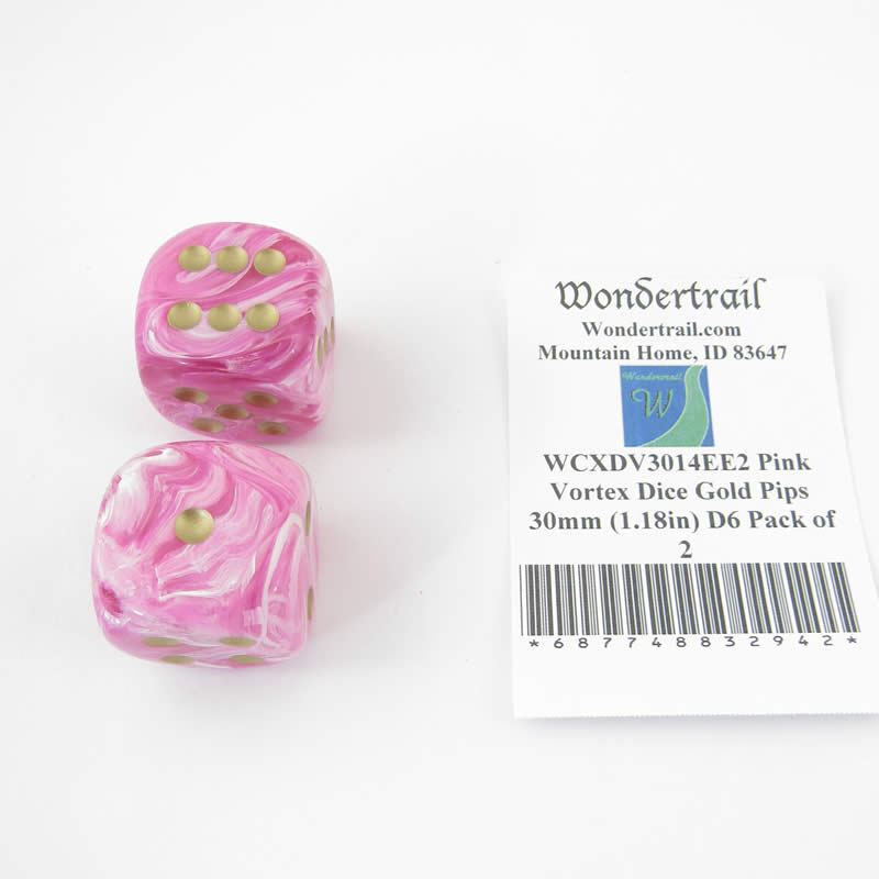 WCXDV3014EE2 Pink Vortex Dice Gold Pips 30mm (1.18in) D6 Pack of 2 (ONLINE ORDER ONLY)
