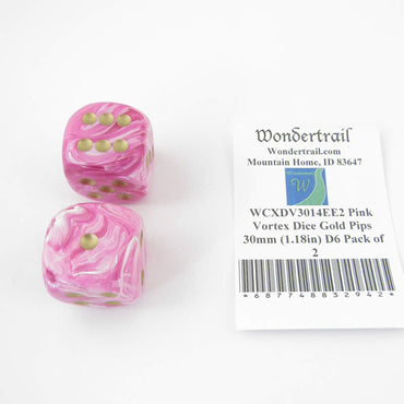 WCXDV3014EE2 Pink Vortex Dice Gold Pips 30mm (1.18in) D6 Pack of 2 (ONLINE ORDER ONLY)