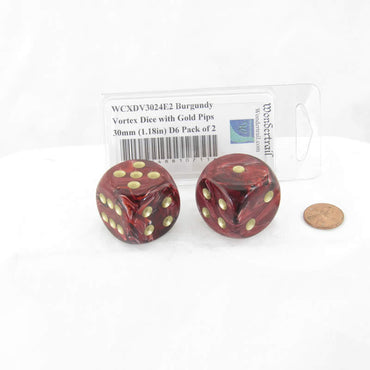 WCXDV3024E2 Burgundy Vortex Dice with Gold Pips 30mm (1.18in) D6 Pack of 2 (ONLINE ORDER ONLY)