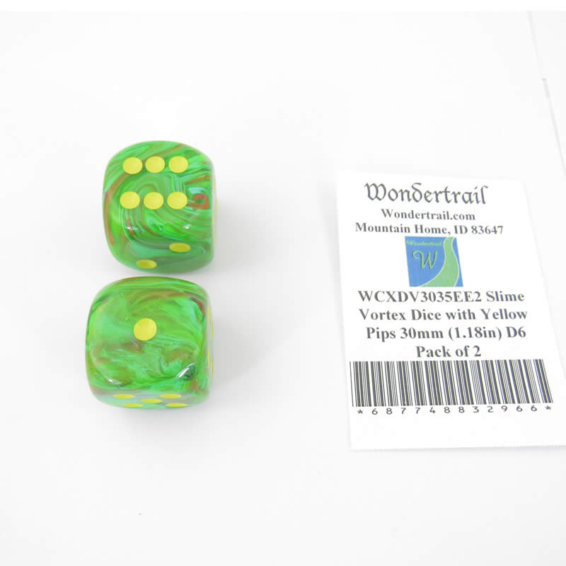 WCXDV3035EE2 Slime Vortex Dice with Yellow Pips 30mm (1.18in) D6 Pack of 2 (ONLINE ORDER ONLY)