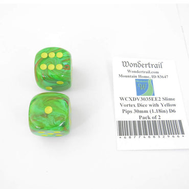 WCXDV3035EE2 Slime Vortex Dice with Yellow Pips 30mm (1.18in) D6 Pack of 2 (ONLINE ORDER ONLY)