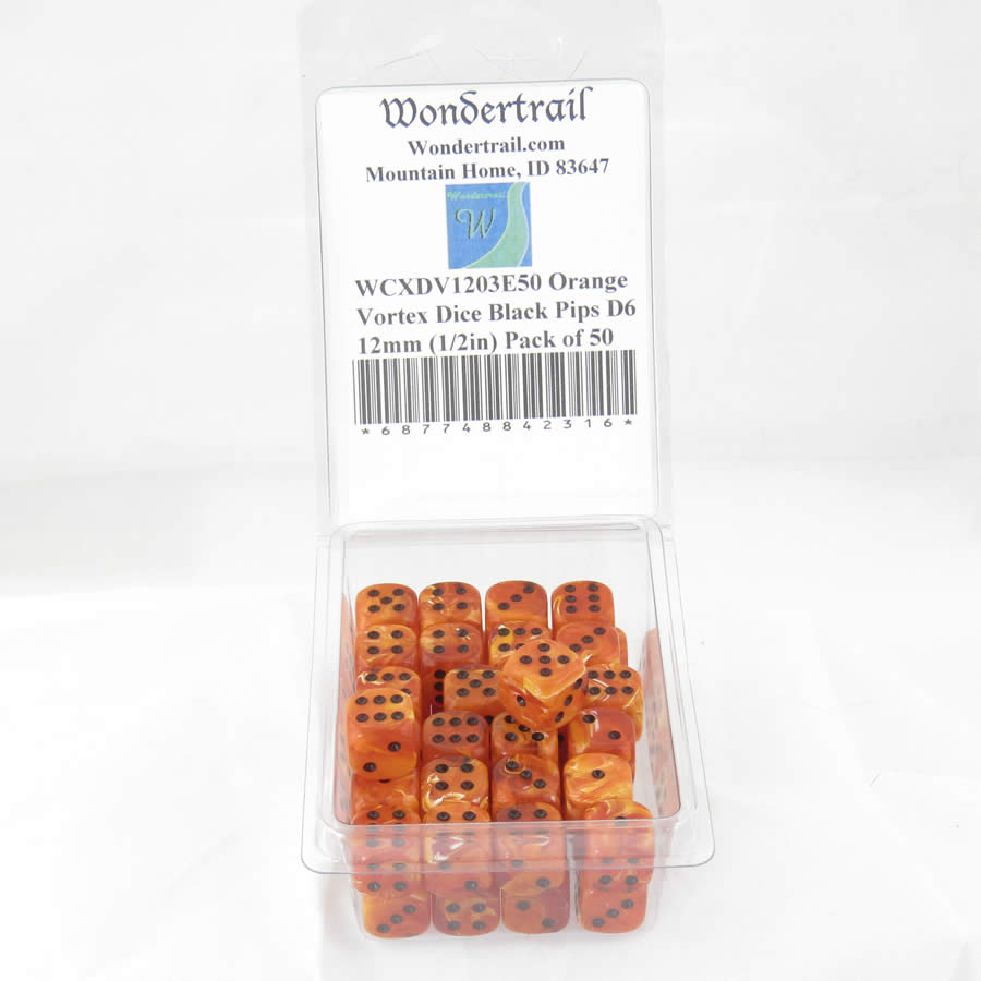 WCXDV1203E50 Orange Vortex Dice Black Pips D6 12mm (1/2in) Pack of 50 (ONLINE ORDER ONLY)