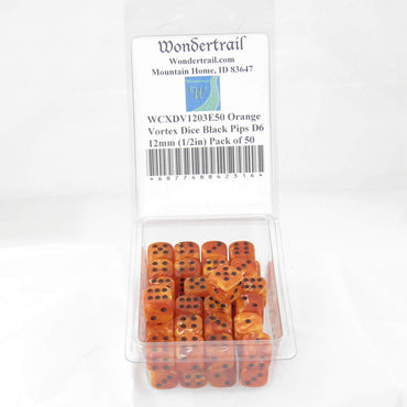 WCXDV1203E50 Orange Vortex Dice Black Pips D6 12mm (1/2in) Pack of 50 (ONLINE ORDER ONLY)