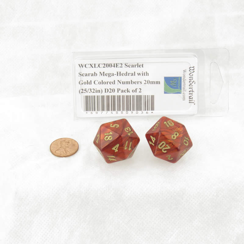 WCXLC2004E2 Scarlet Scarab Mega-Hedral with Gold Colored Numbers 20mm (25/32in) D20 Pack of 2 (ONLINE ORDER ONLY)