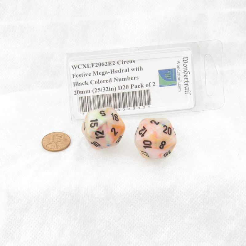 WCXLF2062E2 Circus Festive Mega-Hedral with Black Colored Numbers 20mm (25/32in) D20 Pack of 2 (ONLINE ORDER ONLY)