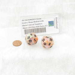 WCXLF2062E2 Circus Festive Mega-Hedral with Black Colored Numbers 20mm (25/32in) D20 Pack of 2 (ONLINE ORDER ONLY)