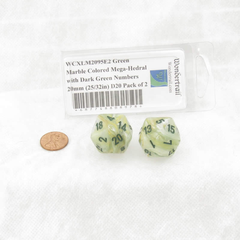 WCXLM2095E2 Green Marble Colored Mega-Hedral with Dark Green Numbers 20mm (25/32in) D20 Pack of 2 (ONLINE ORDER ONLY)
