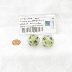 WCXLM2095E2 Green Marble Colored Mega-Hedral with Dark Green Numbers 20mm (25/32in) D20 Pack of 2 (ONLINE ORDER ONLY)