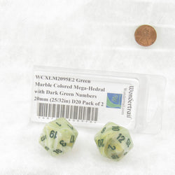 WCXLM2095E2 Green Marble Colored Mega-Hedral with Dark Green Numbers 20mm (25/32in) D20 Pack of 2 (ONLINE ORDER ONLY)