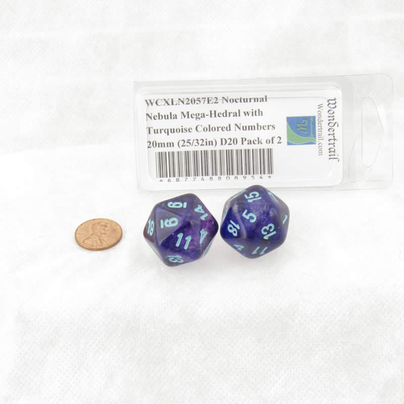 WCXLN2057E2 Nocturnal Nebula Mega-Hedral with Turquoise Colored Numbers 20mm (25/32in) D20 Pack of 2 (ONLINE ORDER ONLY)