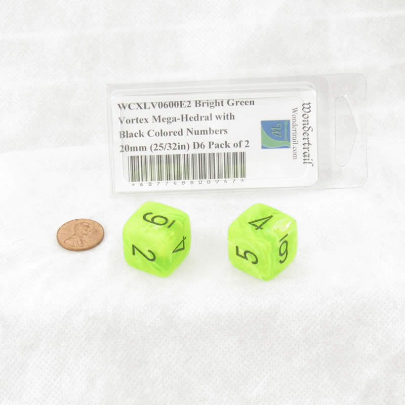 WCXLV0600E2 Bright Green Vortex Mega-Hedral with Black Colored Numbers 20mm (25/32in) D6 Pack of 2 (ONLINE ORDER ONLY)