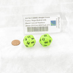 WCXLV2000E2 Bright Green Vortex Mega-Hedral with Black Colored Numbers 20mm (25/32in) D20 Pack of 2 (ONLINE ORDER ONLY)