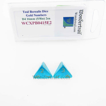 WCXPB0415E2 Teal Borealis Dice Gold Numbers D4 16mm Pack of 2 (ONLINE ORDER ONLY)