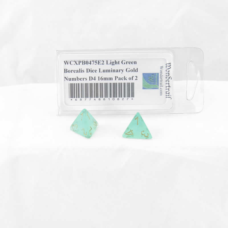 WCXPB0475E2 Light Green Borealis Dice Luminary Gold Numbers D4 16mm Pack of 2 (ONLINE ORDER ONLY)